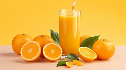 Wall Mural - fresh orange juice with fruits on orange background