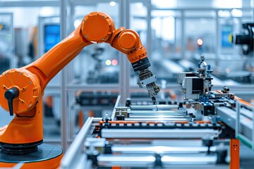 Fototapete - Robotic arm for electronic assembly line. Smart modern factory automation using advanced machines.