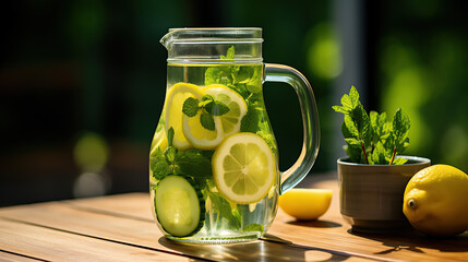 Detox Water with Cucumber, Mint, and Lemon Slices in a Clear Pitcher.