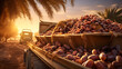 Cargo truck carrying dates fruit in a plantation with sunset. Concept of food production, transportation, cargo and shipping.