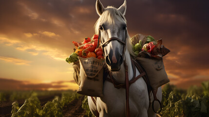 Wall Mural - Pack horse carrying vegetables in a field with sunset. Concept of food transportation, logistics and cargo.