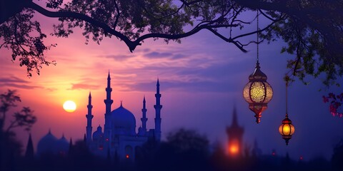 Wall Mural - Islamic Ramadan Kareem, iftar festival or Eid Mubarak banner background with hanging Arabic lanterns with Mosque Silhouette dome in Panoramic twilight view