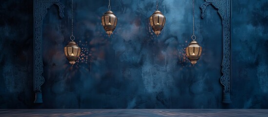 Islamic Ramadan Kareem, iftar festival or Eid Mubarak banner background with hanging Arabic lanterns Light Lamp. Dark blue grungy distressed canvas backdrop