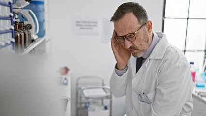 Wall Mural - Serious hispanic scientist at lab, suffering headache while working, a mid-life crisis?