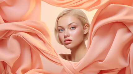 Wall Mural - Fashionable Beauty: A Sensual Portrait of a Young, Glamorous Woman with Attractive Makeup and Elegance, Posing in a Pink Scarf on a Romantic and Lovely Background.