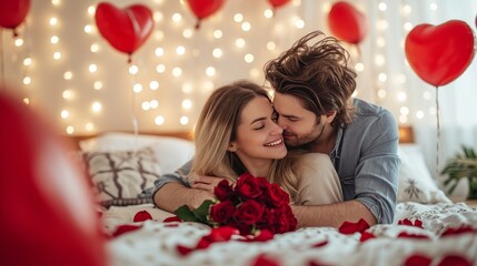 Beautiful young couple at home. Hugging, kissing and enjoying spending time together while celebrating Saint Valentine's Day with red roses on bed and air balloons in shape of heart on the background.