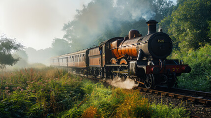 Wall Mural - Vintage steam locomotive on a foggy morning at sunrise.