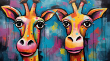 Painting Of Two Giraffes With Colorful Faces On A Blue Background. Generative Ai.