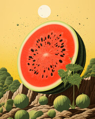 Sticker - Summer Refreshment: Juicy Slice of Organic Watermelon on Fresh Green Background