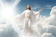 Resurrected jesus christ ascending to heaven. divine light, clouds, and the second coming