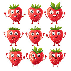 Wall Mural - set of cartoon strawberry fruit character on a transparent background, Ai Generated Images