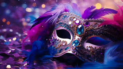 Festive Purple Masquerade Mask with Colorful Feathers for Carnival. Celebratory Background with Glitter. Elegant Festival Decor. Holiday Pageant and Mardi Gras Concept.