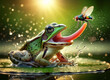 A green frog extends its tongue to catch a hovering fly amidst sparkling water droplets, against a dreamy, sunlit backdrop.Frog behavior concept. AI generated.