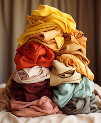 clean colorful folded clothes in a stack.kodak portra photo, Generate AI.