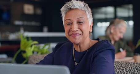 Canvas Print - Video call, laptop and business senior woman in office for online meeting, discussion and webinar. Communication, corporate manager and worker on computer for conversation, planning and talking