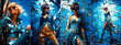 Solarpunk style model Blue abstract background adds a futuristic element HDR and slow motion techniques used for dynamic effect Cracks in the image add an edgy grunge vibe