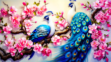 Painting Of Two Peacocks Sitting On Branch With Pink Flowers On It.