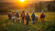 A group of kindergarten children dressed as farmers, in a green field with farm animals, golden hour light.