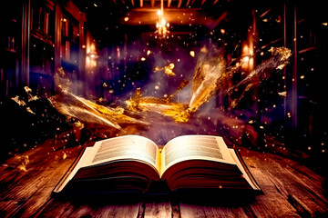 Wall Mural - Open book on wooden table with light coming out of it.