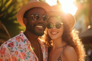 Wall Mural - Happy multicultural couple in sunglasses enjoying a sunny day outdoors.