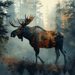 Moose Silhouette with Misty Forest Double Exposure