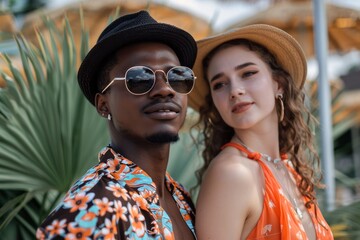 Wall Mural - Stylish couple in summer outfits and sunglasses posing outdoors with tropical foliage in the background.