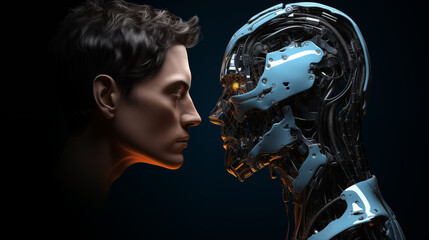 face to face between man and robot, AI face to face, man battle robot