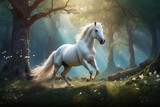 Fototapeta Konie - A white horse with a long mane standing in a forest ai picture