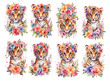 Cute tiger cubs with flowers watercolor set, isolated on Background, generated ai