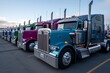 A large fleet of classic american semi trucks parked in a row