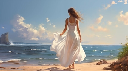 Caucasian woman in white dress walks along the beach.