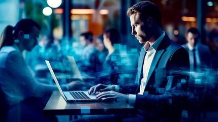 man sitting in front of laptop computer on top of desk.