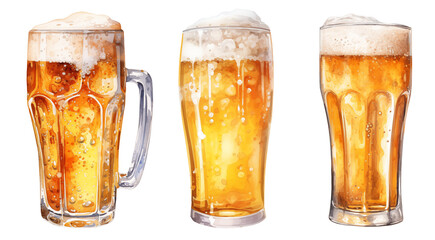 set of three glasses of blonde beer with foam watercolor illustration png isolated on a transparent 