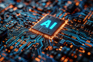 Wall Mural - Artificial intelligence micro chip with text on chip,close-up of circuit board chip, future , smart city , ai chip,gpt,Image generation ai,metal