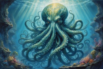 Wall Mural - In a masterfully executed watercolor painting, a captivating mythopoeic alluring tentacled titan comes alive before our eyes.