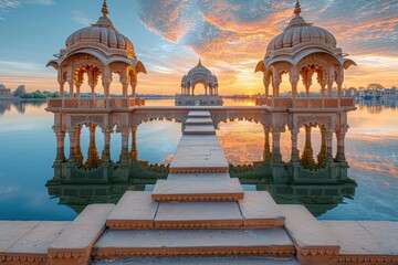 an ancient gadisar lake jaisalmer rajasthan at sunrise with ancient architecture