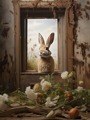 Wall Mural - Farmhouse Animal Portraits: Charming Wall Art Featuring Rabbit Burrow in a Beautiful Field