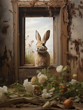 Farmhouse Animal Portraits: Charming Wall Art Featuring Rabbit Burrow in a Beautiful Field