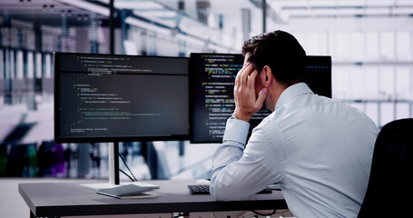 Wall Mural - unhappy sad developer programmer man in stress coding software