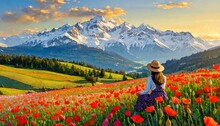 Woman in a straw hat sitting alone in a field of beautiful red poppies, looking at green hills and snow covered mountains in the distance, in style of oil painting