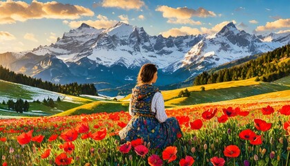 Woman sitting alone in a field of beautiful red poppies, looking at green hills and snow covered mountains in the distance, in style of oil painting