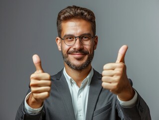 A handsome business man showing thumbs up on grey background. Generative AI.