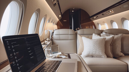 Business class airplane, In front you can see a laptop, Working in the airplane, Beautiful, Stylish. Generative AI.