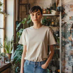 Wall Mural - Beige T-shirt Mockup, Woman, Girl, Female, Model, Wearing a Beige Tee Shirt and Blue Jeans, Oversized Blank Shirt Template, Standing in a Room with Plants, Close-up View