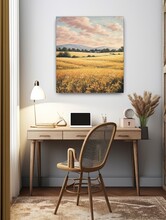 Golden Hour Country Roads: Vintage Landscape Wall Art Featuring A Field Painting