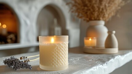 Sticker - Luxury scented candle glass on a white textured shelf. Generative AI.