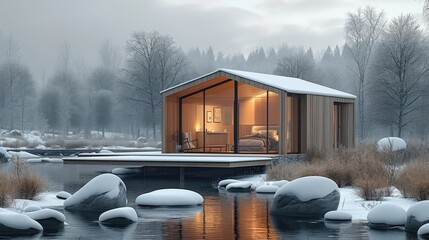 Wall Mural - Modern tiny house, Light wooden slats winter landscape. Generative AI.