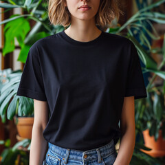 Wall Mural - Black T-shirt Mockup, Woman, Girl, Female, Model, Wearing a Black Tee Shirt and Blue Jeans, Oversized Blank Shirt Template, Standing in a Room with Plants, Close-up View