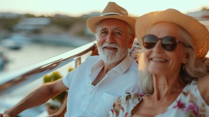 Poster - A tourist senior couple smiling relaxing in chair on balcony, Vacation concept. Generative AI.