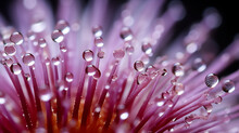 Water Drops On Pink Stamen And Pistil Of A Flower, Close Up

